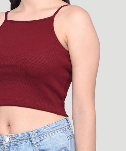 Women's Maroon Solid Noodle strap Slim Fit Top